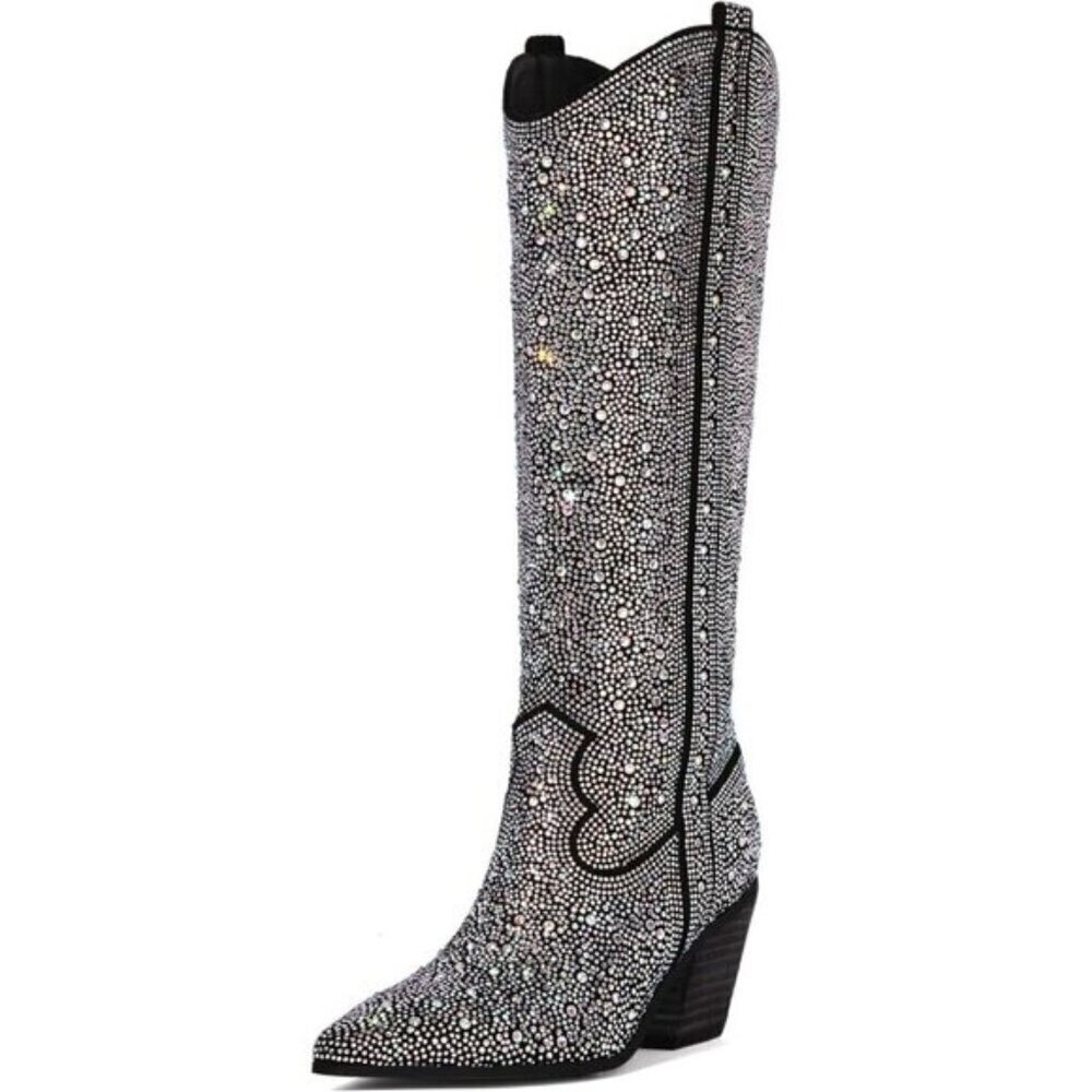 Women's Rhinestone Cowboy Boots - Glitter Mid-Calf Sparkly Western Booties